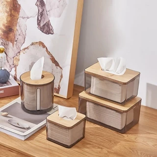 กล่องทิชชู่โปร่งใสในครัวเรือนพร้อมฝาปิดไม้ - Nordic Minimalist Napkin Organizer คอนเทนเนอร์