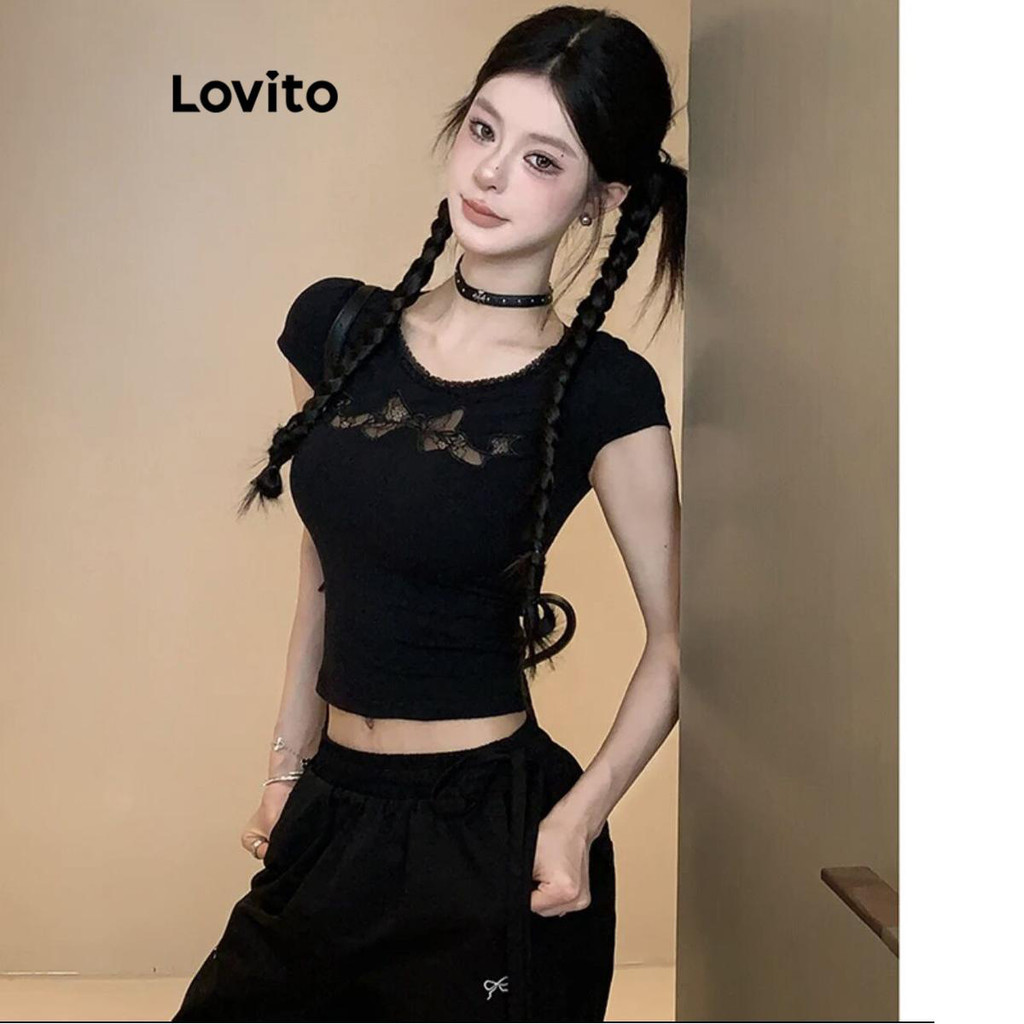 เสื้อยืดลำลองผ้าลูกไม้เรียบๆ สำหรับผู้หญิง ยี่ห้อ Lovito รุ่น LNA60448