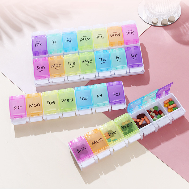 7/14 กล่องยารายสัปดาห์สีชั้นวางแท็บเล็ตปุ่มเปิดภาชนะยามินิกล่องยาเรียงลําดับกล่องเก็บสะดวกในการพกพาบ้านที่สําคัญ