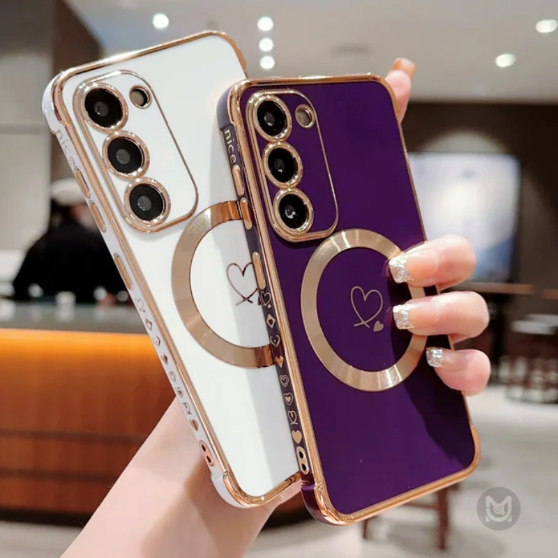 SAMSUNG ปลอกสําหรับSamsung Galaxy S26 S25 Ultra S24 S23 S21 S20 FE S23 S22 S21 Plus Ultra Luxury Love Heartชุบนุ่มTPUไร้สายชาร์จแม่เหล็กเคสโทรศัพท์ฝาครอบ