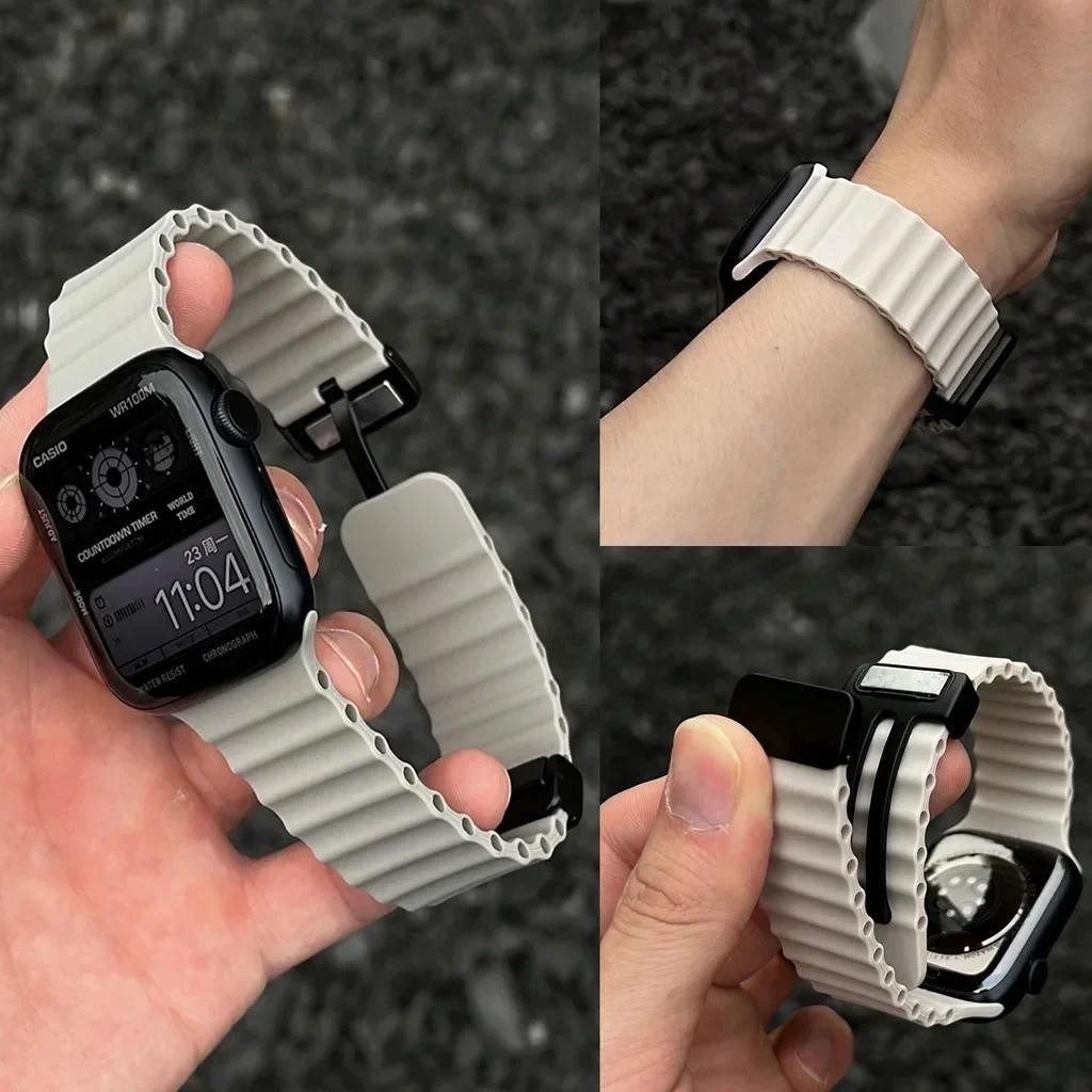 สายรัดซิลิโคนหัวเข็มขัดแม่เหล็กสร้อยข้อมือสําหรับ Apple Watch ultra2 IWatch series 9 8 7 6 SE 5 4 3 49/45/44/42/41/40/48 มม.