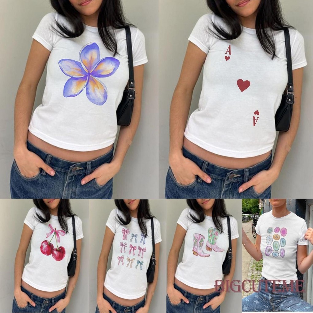 [ ]-เสื ้ อยืดผู ้ หญิงคอกลมแขนสั ้ นพิมพ ์ ลายกราฟิกเสื ้ อฤดูร ้ อนStreetwearสําหรับลําลองทุกวัน