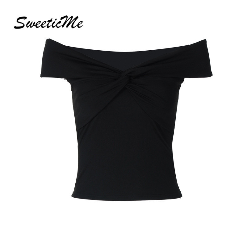 Sweeticme เสื้อสตรี 2024 ใหม่แฟชั่น Knot ปิดไหล่เซ็กซี่สีทึบ Causal เสื้อยืด