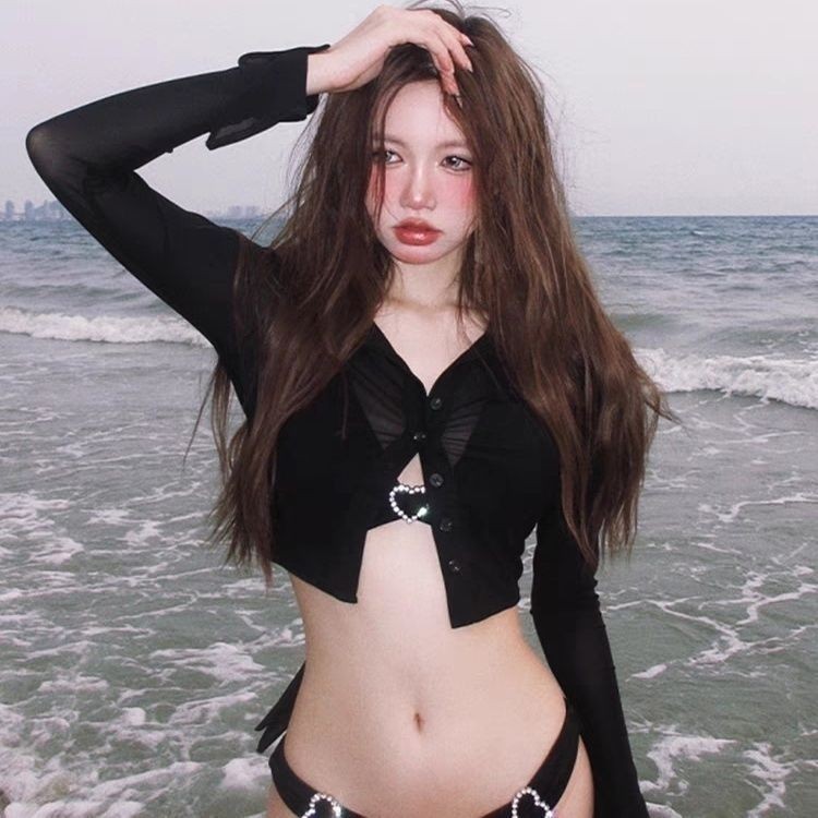 Gwenny S/M/L ผู้หญิงแขนยาวบิกินี่เซ็กซี่คอวีสีดำชุดว่ายน้ำเกาหลี