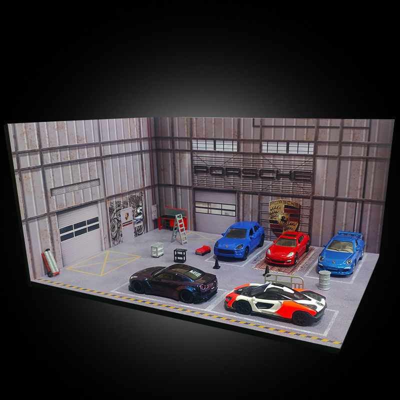 1🧸 64 ฉากโมเดลรถ Porsche Theme Building Repair Workshop Universal Toy Model Car Photo Background Board