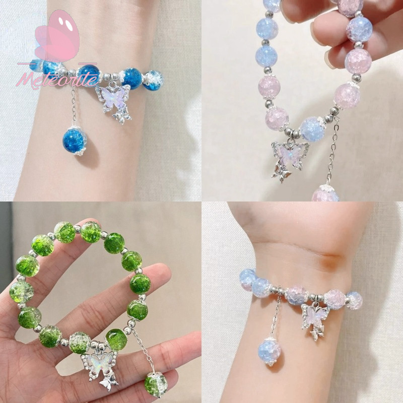 สร้อยข้อมือจี้ผีเสื้อลูกปัดไล่โทนสี-กําไลข้อมือคริสตัลน้ําแข็งสีชมพูหวานเย็น-สร้อยข้อมือเชือกยางยืดสาวหรูหรา