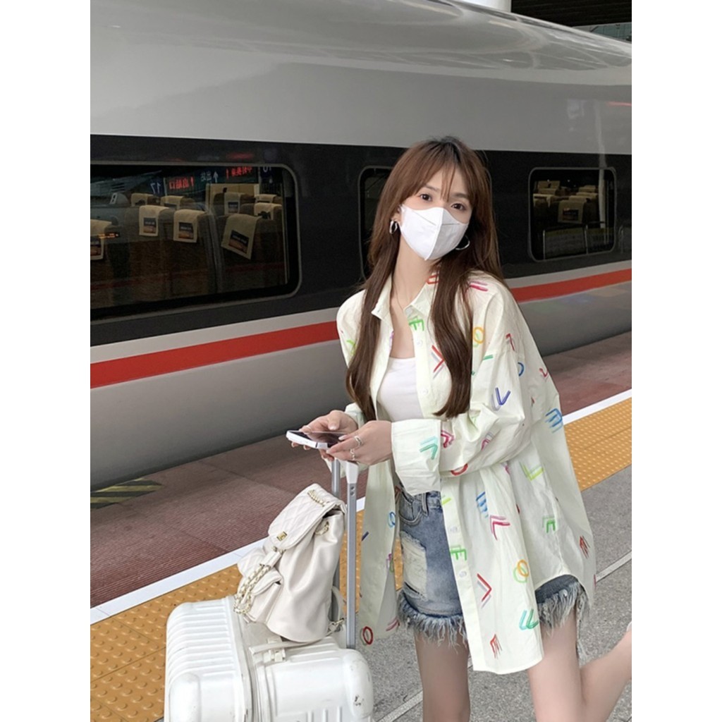 ส่งไวจากไทย TAYCEN M-2XL เสื้อ oversize เกาหลี แขนยาว ลายพิมพ์ เสื้อสาวอวบ ผู้หญิง เสื้อกันแดด