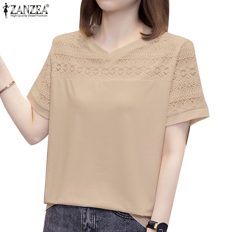 Zanzea ผู ้ หญิงแฟชั ่ นเกาหลีคอวีแขนสั ้ นหลวม Spliced เสื ้ อ