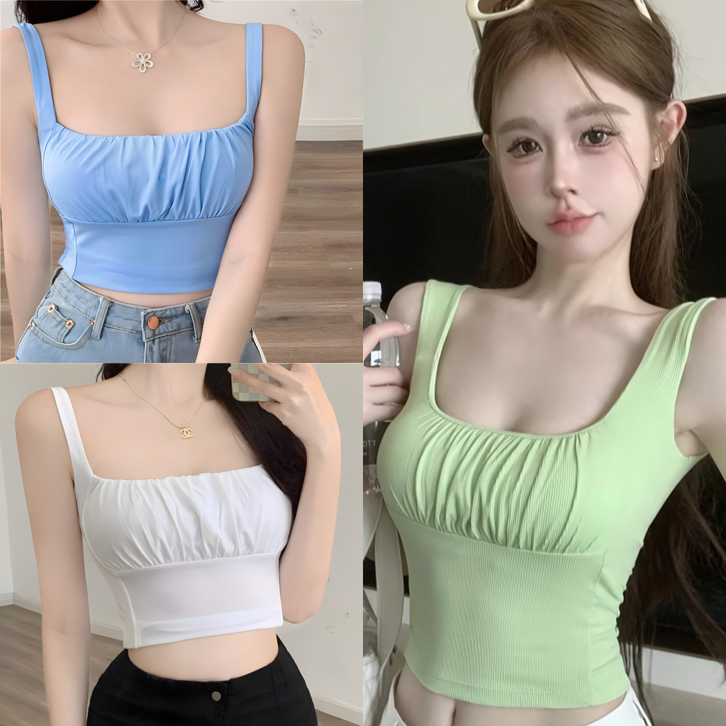 SuySuy พร้อมส่ง เสื้อครอป สายเดี่ยว แต่งย่นช่วงอก มีฟองน้ำ สีพื้น น่ารักเซ็กซี่ เข้ากับทุกการแต่งกาย