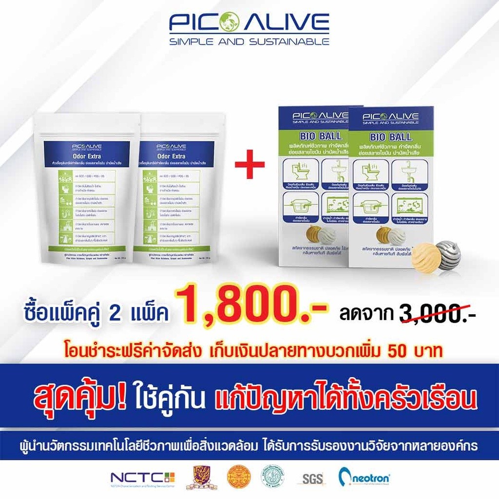 Pico Bio Ball กับ Odor [แพ็คคู่ 2 แพ็ค] พิโกหัวเชื้อจุลินทรีย์ กำจัดกลิ่น แก้ส้วมเต็ม ท่อตัน