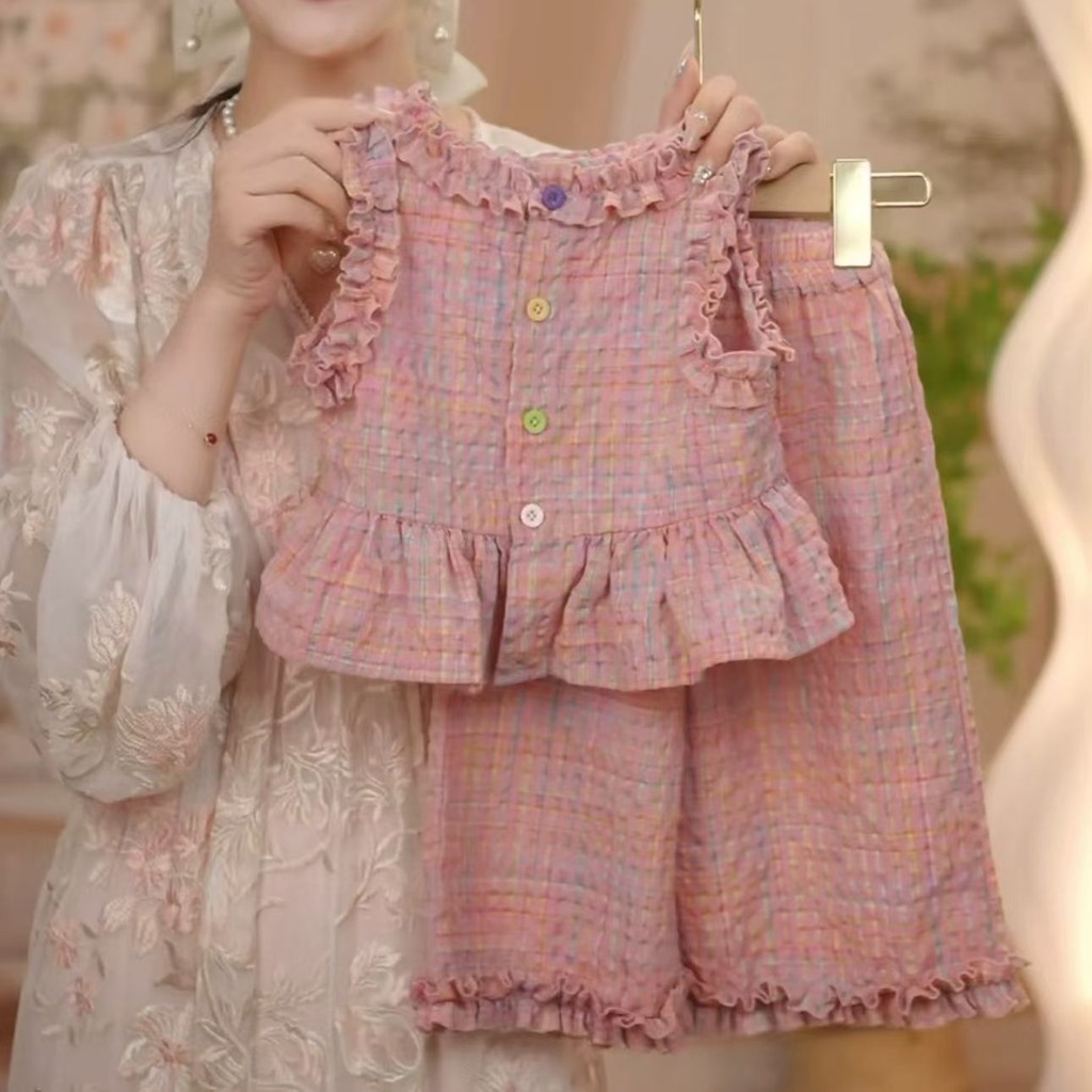 สไตล์ตะวันตกเด็กสาวฤดูร้อนบางลูกไม้ชุดหวานสาวน้อยเป็นลําลองแฟชั่นเสื้อกั๊กกางเกงขากว้างชุดสองชิ้น