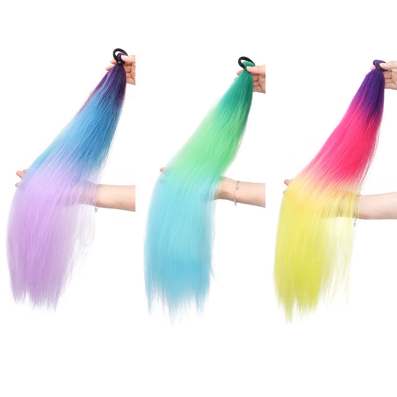 วิกผมหางม้าปลอมสีสันสดใสพร้อมแถบยางสําหรับสวมใส่ง่ายของเด็กผู้หญิง - รูปที่ 3