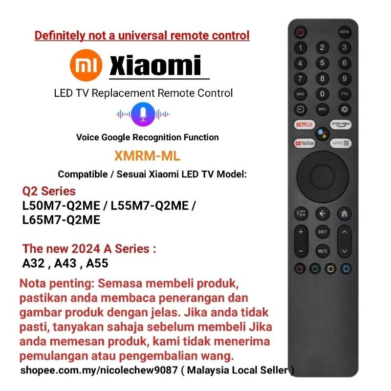 รีโมทคอนโทรลทีวี Xiaomi XMRM-ML L50M7-Q2ME, L55M7-Q2ME, L65M7 Q2ME