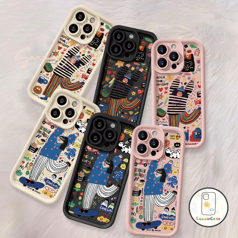 การ์ตูนน่ารักมีความสุขสาว สำหรับ OPPO A17 A38 A18 A58 A7 A57 A78 A15 A5s A16 A12 A5 A53 A77 A3s A9 A16K A17K A54 Reno 5