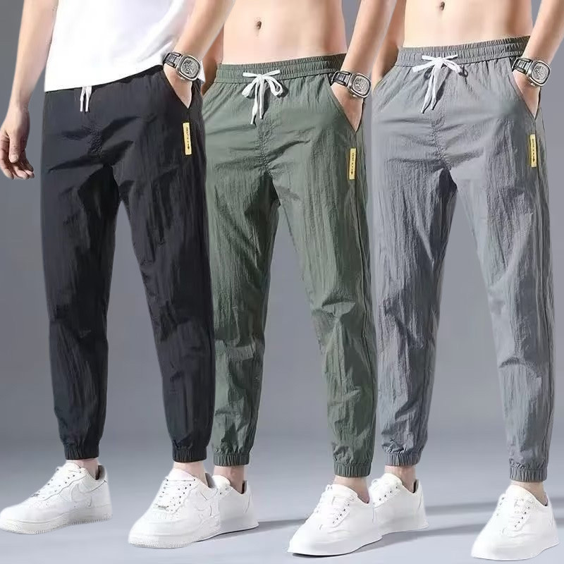 M-5xl ผู ้ ชายฤดูร ้ อนผ ้ าไหมน ้ ําแข ็ ง Cool Casual บางกางเกงแฟชั ่ นสีทึบ Sweatpants สีดํา \ สีเขียว \ สีเทา