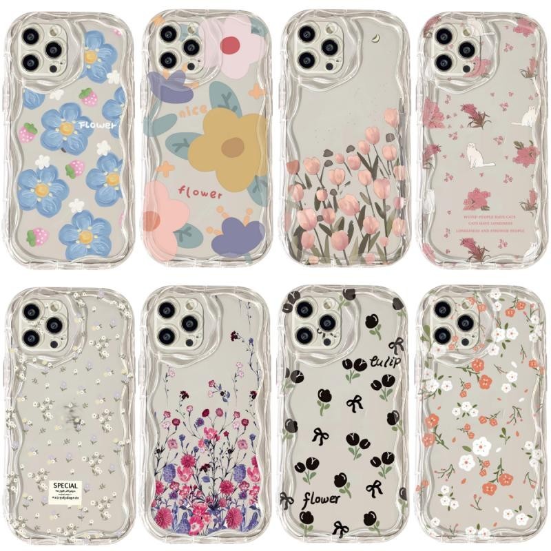 สําหรับ Vivo V30 V27 V23 V25 Pro V30E V29E V27E V23E V21E 3D หยักโค้งขอบดอกไม้สีสันหรูหราโปร่งใสนุ่มกันกระแทกเคสโทรศัพท์