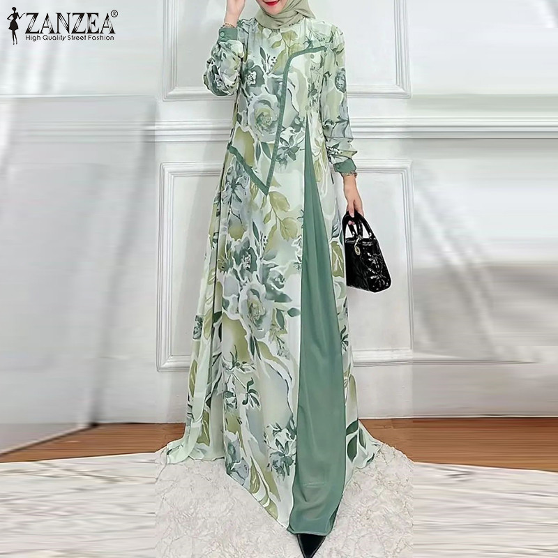 Zanzea ผู ้ หญิงมุสลิมลําลองคอกลมพิมพ ์ ลายดอกไม ้ แขนยาวปุ ่ มตกแต ่ งชุดหลวม