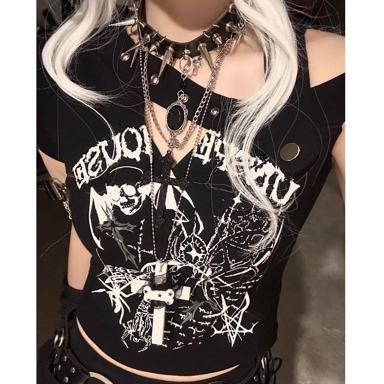 Ya Culture Dark Punk Skull Print Camisole Hot Girl Slim-fit Top Short Style