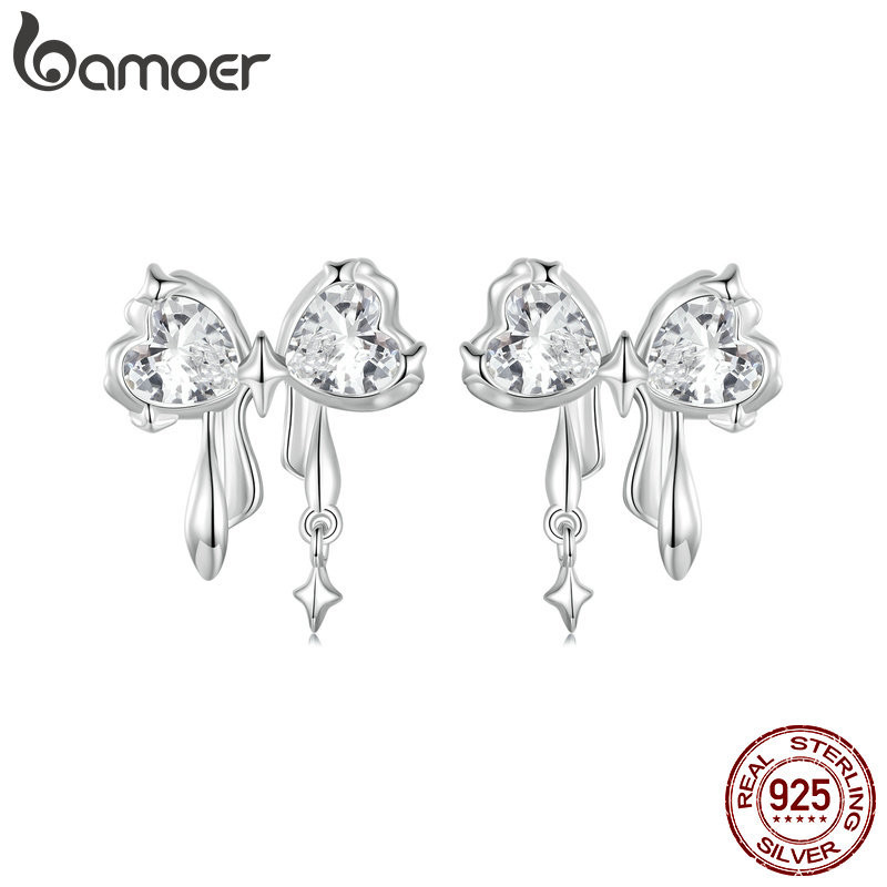 Bamoer 925 Sterling Sliver Stud ต่างหู Bowknot Design ของขวัญเครื่องประดับสําหรับผู้หญิง