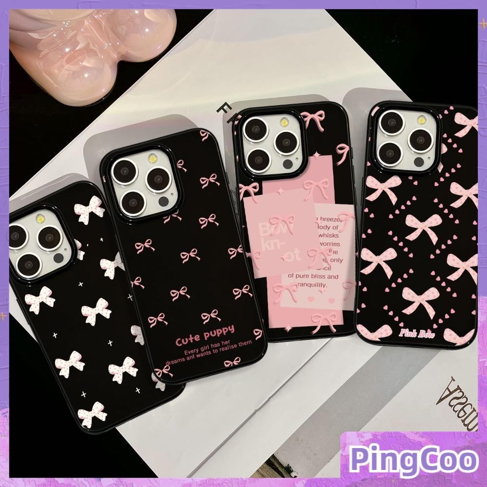 Pingcoo - สำหรับ iPhone 15 PRO MAX เคส iPhone สีดำเคลือบเงา TPU เคสกันกระแทกกล้องป้องกัน ลายโบว์สีชมพู เข้ากันได้กับ iPhone 14 13 12 PRO MAX 11 XR XS 7 8 PLUS