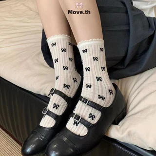 ในไทย-พร้อมส่ง✨ถุงเท้าข้อยาว ประดับโบว์ Insสไตล์เกาหลี หวาน แฟชั่นสําหรับผู้หญิง บางระบายอากาศ ฤดูร้อน ฉลุลาย2024ใหม่-Mo