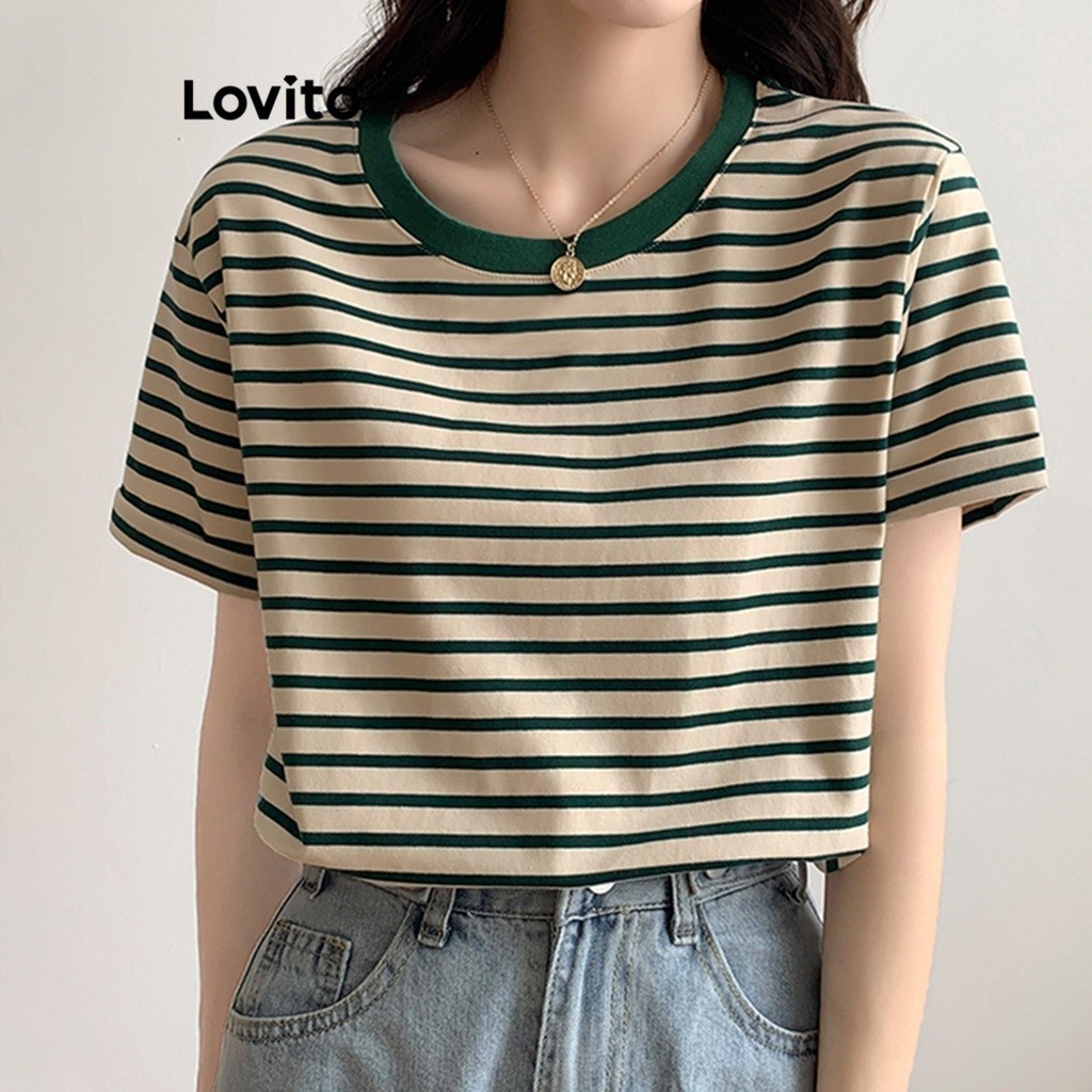 Lovito เสื้อยืดผู้หญิง ลายทาง แต่งขอบสี สไตล์ลำลอง LNE27003 (สีเขียว / สีกรมท่า)