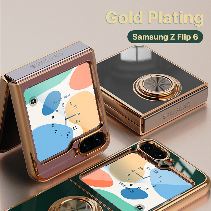 ชุบ เคส Samsung Z Flip 7 6 5 อ่อนนุ่ม กันกระแทก ที่วางแหวนแบบยืนกรณีแววขอบ 360 หมุนขาตั้งบางนุ่มฝาครอบป้องกัน