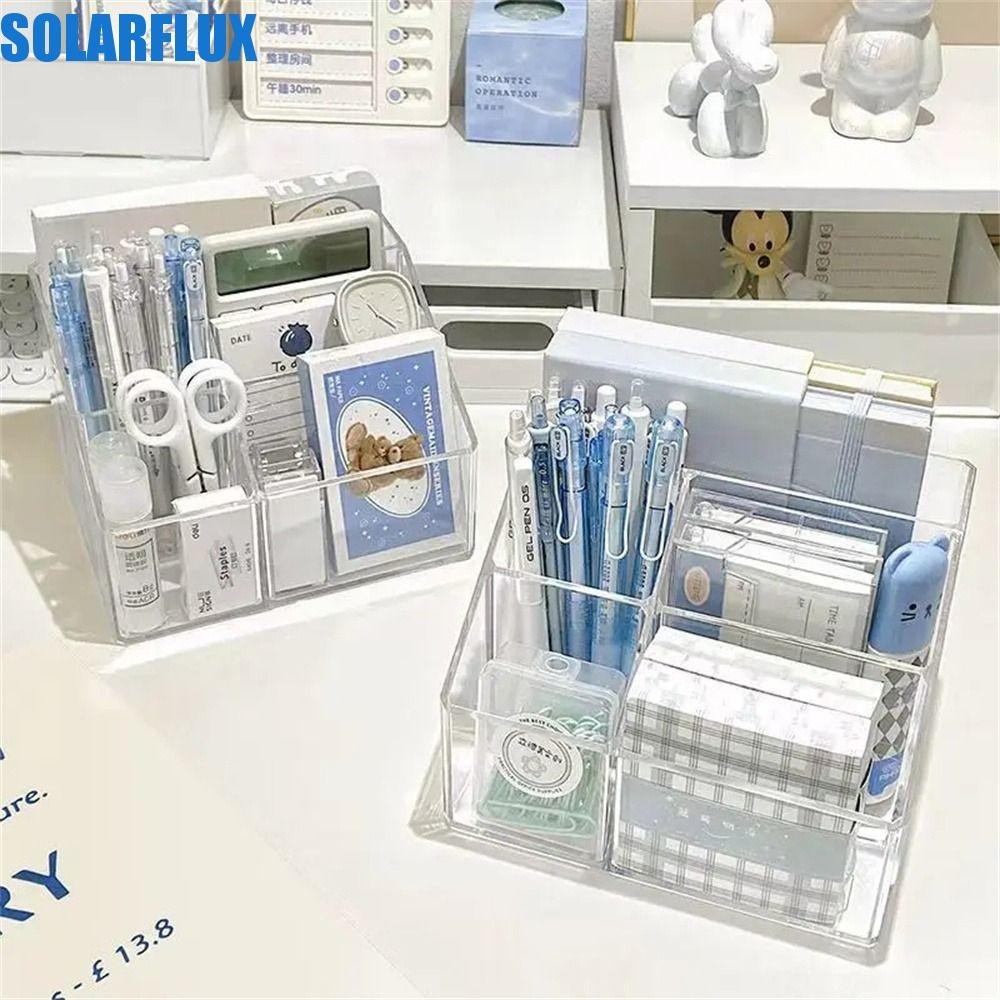 Solarflux ที่ใส่ปากกาตั้งโต๊ะ,โปร่งใสปากกากล่องเก็บดินสอ,เด็กนักเรียนความจุขนาดใหญ่ 5-Grid มัลติฟังก์ชั่เครื่องเขียน Organizer Home Office
