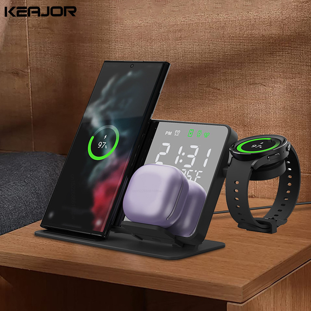 3 in 1 Wireless Charger สําหรับ Samsung Galaxy Watch 6 5 Pro Fast Charging Station สําหรับ Galaxy S24 S23 S22 นาฬิกาปลุก Chargers ขาตั้ง – โปรปัง