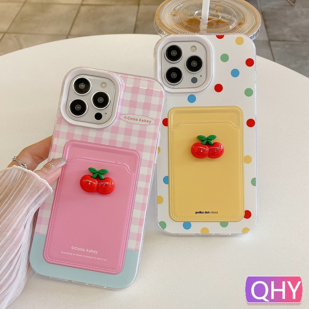 Qhy - เคสโทรศัพท์สําหรับ iphone 16 13 15 6s 7 8 plus xs XR 11 12 14 pro max ชุดการ์ดน่ารัก 3D เชอร์รี่ตาข่าย Wave จุด 2 ใน 1 drop resistance