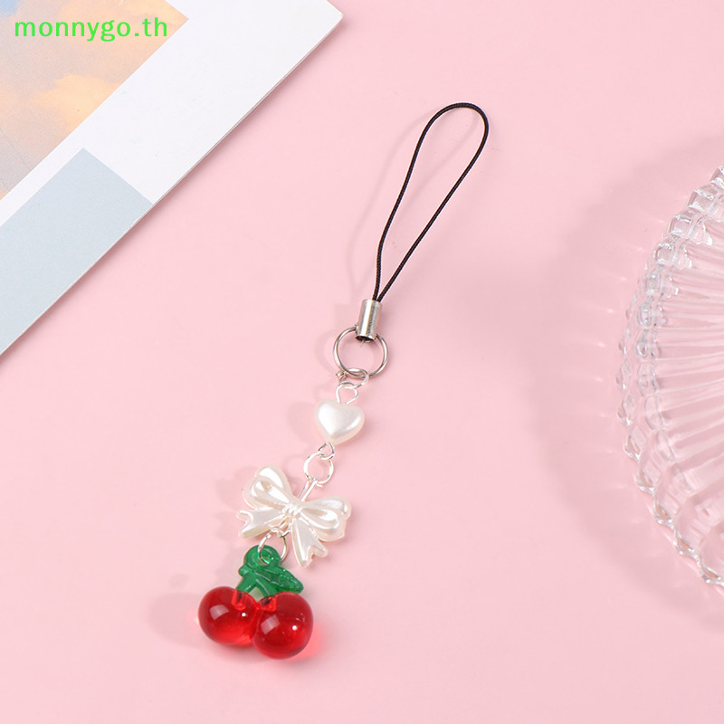 Monnygo Y2K น่ารักโบว์เชอร์รี่โทรศัพท์ Lanyard ฤดูร้อนหวานโทรศัพท์มือถือสําหรับสาวเกาหลีลูกปัดโทรศัพท์มือถือ Charm พวงกุญแจ TH