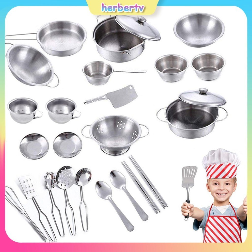 25 ชิ้นแกล้งทําเป็นชุดเครื่องครัวสแตนเลส Playset หม้อกระทะอุปกรณ์ทําอาหารชุด SHOPSBC2578