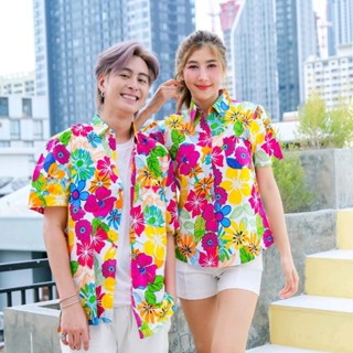 PINKเสื้อสงกรานต์ลายดอก ผ้าคอตตอน100% มีไซส์หญิง ชาย รุ่น000…