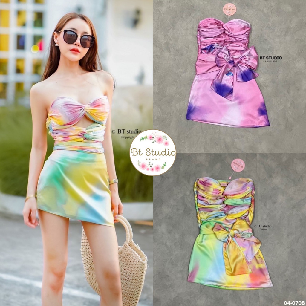 Shop_DD (พร้อมส่ง) BT36 37-0708  เซท 2 ชิ้น เสื้อเกาะอก แต่งเว้าใต้อก แต่งฟองน้ำ มาพร้อมกระโปรงสั้น 