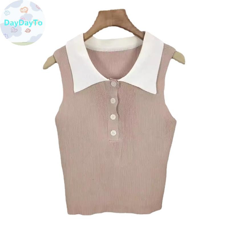 Daydayto ผู้หญิงเกาหลีอารมณ์คมชัดสีปกปุ่มแขนกุดเสื้อกั๊กถักบาง TH