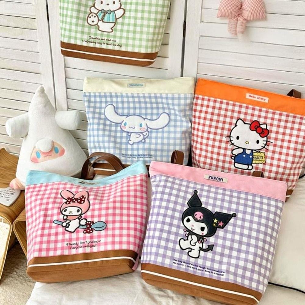 กระเป๋าโท้ต BASTIBAG, กระเป๋าสะพายลายการ์ตูน Kuromi โพลีเอสเตอร์, กระเป๋าถือนักเรียนสีตัดกันลายสก๊อตความจุขนาดใหญ่ Kawaii