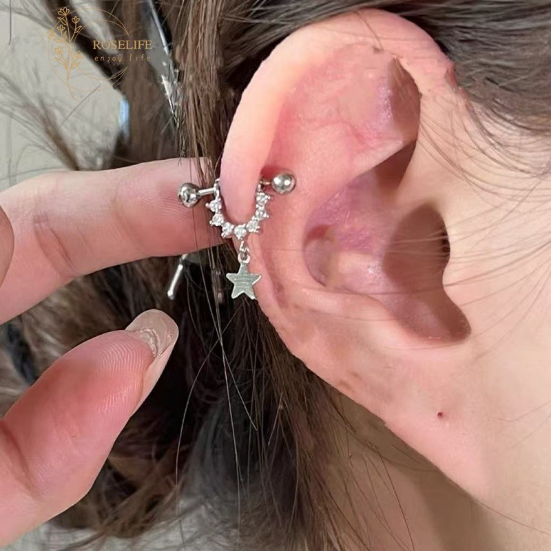 Roselife S925 เงิน Cool Punk Chic คริสตัล Star Charming สกรูต่างหูผู้หญิงผู้ชายแฟชั่น Pirced ทุกวันหู Studs เครื่องประดับอุปกรณ์เสริมของขวัญ