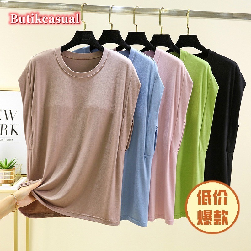 ผู้หญิง Modal แผ่นรองหน้าอก Tshirt 2025 ฤดูร้อนสบายธรรมดาด้านบนหลวมขนาดใหญ่รอบคอเสื้อแขนกุด lungewear เสื้อลําลอง