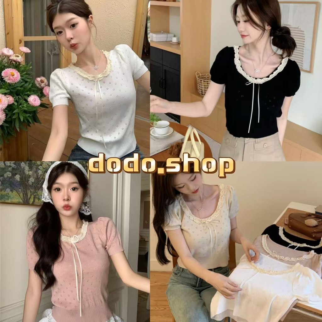 DoDo พร้อมส่ง เสื้อยืดไหมพรมฉลุลายดอกไม่ทั้งตัวน่ารักๆสีสวยผ้านุ่มใส่สบายประดับโบว์มาให้เก๋ๆ(31060)