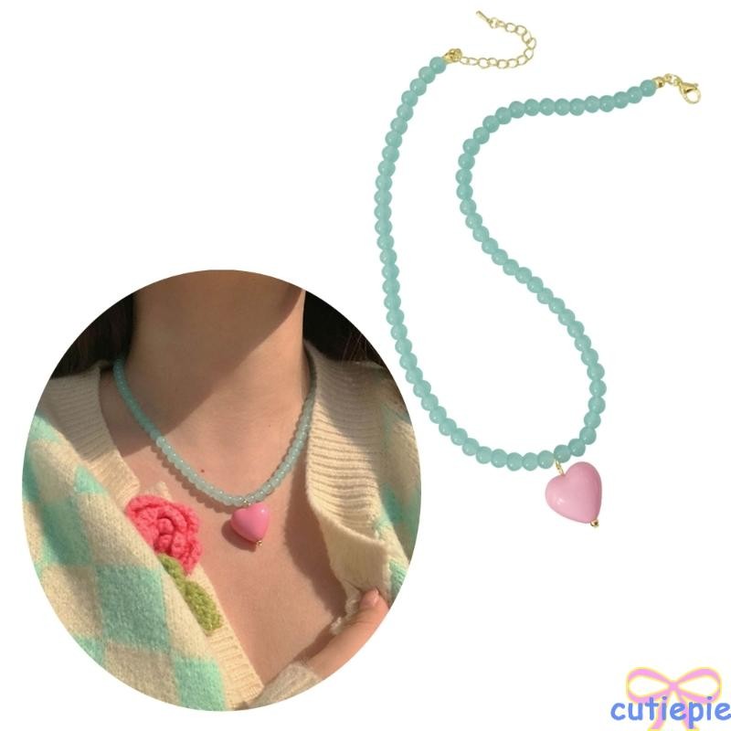 Cutie Sweet Pink Heart จี้สร้อยคอลูกปัดอะคริลิคสี Contrast Neckchain สีลูกกวาด Love Heart Beaded Choker Chai