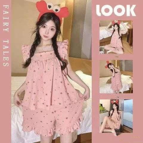 ชุดนอนเสื้อสายเดี่ยว+กางเกงขาสั้น ชุดนอนผ้าคอตตอน ชุดนอนลายการ์ตูน ชุดนอนแขนสั้นขาสั้น ชุดนอนแขนกุด แบบบาง ทรงหลวม