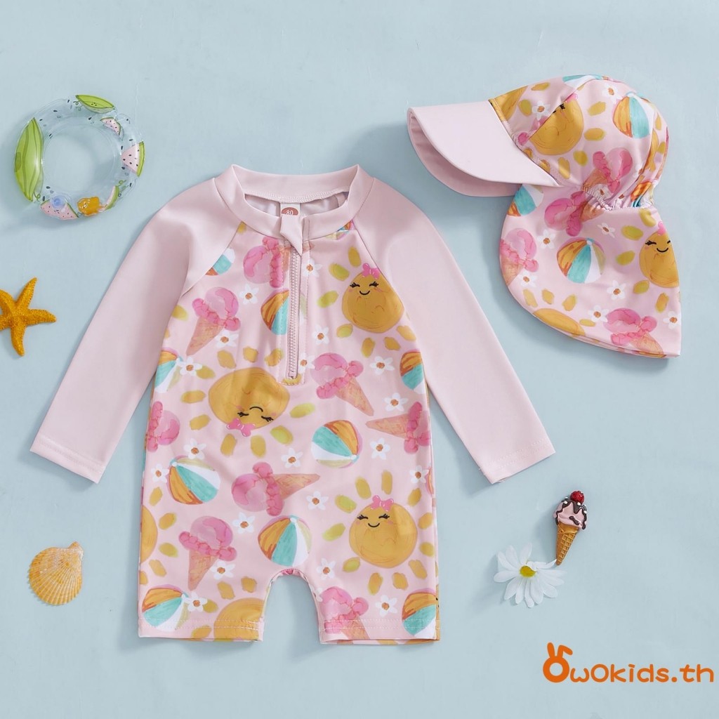 Kids Girl Rash Guard ชุดว่ายน้ําเครื่องดื่ม/ไอศกรีมพิมพ์ชุดว่ายน้ําแขนยาวและหมวกสําหรับเด็กวัยหัดเดินชุดว่ายน้ํา Beachwear