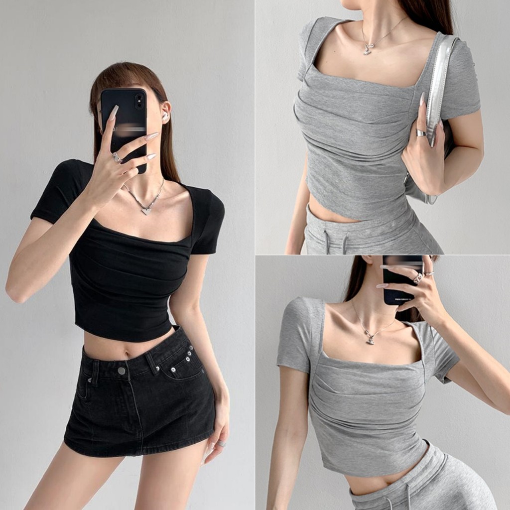 Bella Shop 🌻เสื้อยืดคอเหลี่ยมแขนสั้นผู้หญิง เสื้อครอปดีไซน์เซ็กซี่และเก๋ไก๋ ดีไซน์จับจีบ เข้ารูปช่วงเอว