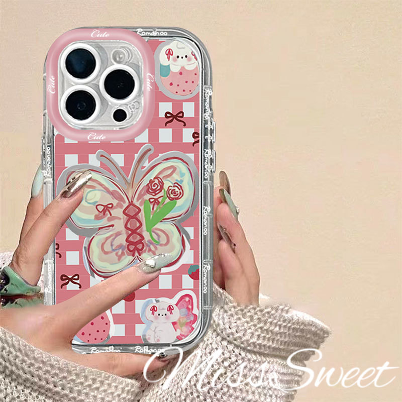 SAMSUNG Insสไตล์กระจกสําหรับsamsung A21S A20s A35 A03 A15 A24 A25 A30 A31 A33 A51 A03s A04 S A05s A11 A12 A13 A14 ผีเสื้อสีชมพูรูปแบบป้องกันการล่มสลาย + เคสโทรศัพท์ + เชือกเส้นเล็ก