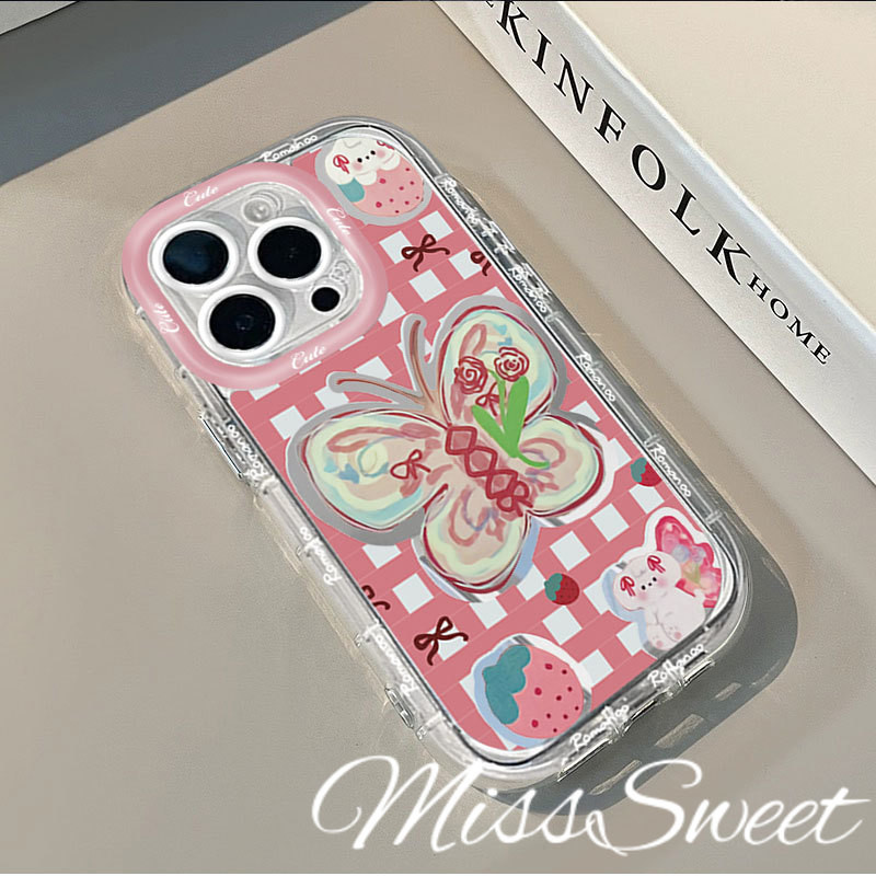 SAMSUNG Insสไตล์กระจกสําหรับsamsung A21S A20s A35 A03 A15 A24 A25 A30 A31 A33 A51 A03s A04 S A05s A11 A12 A13 A14 ผีเสื้อสีชมพูรูปแบบป้องกันการล่มสลาย + เคสโทรศัพท์ + เชือกเส้นเล็ก