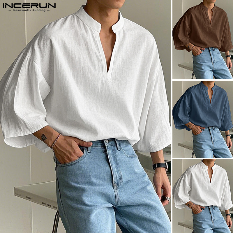 ไม่แน่นอน ผู้ชายเกาหลีลําลองคอตั้ง3/4แขนแข็งหลวมพอดีเสื้อ