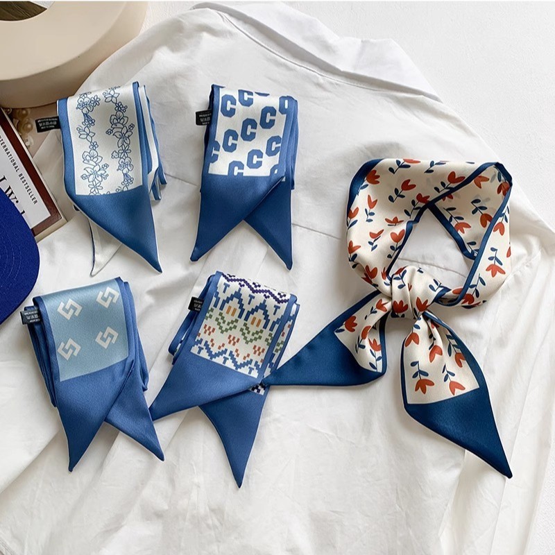 ผ้าพันคอไหมขนาดเล็กสำหรับผู้หญิง รุ่น Blue Series ให้ความรู้สึกอ่อนโยน ใช้ได้ทุกวัน มีสายรัดผม ริบบิ้นแคบ ผูกกระเป๋า สไตล์เกาหลี ฤดูใบไม้ผลิ ฤดูร้อน