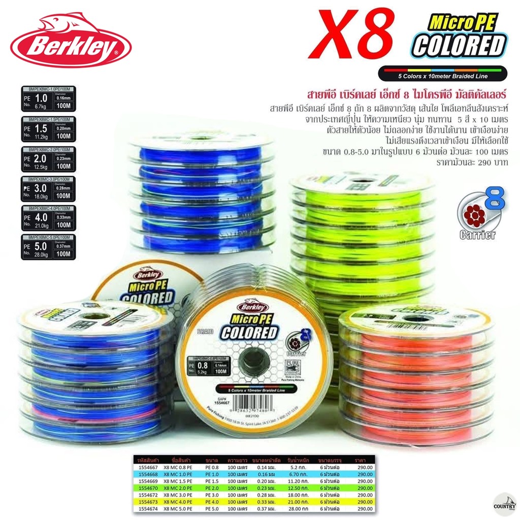 สาย​ PE​ Berkley​ Micro​ pe​ colored​ X8 ถัก 8 ขนาดยาว 100 เมตร/ม้วน สีมัลติคัลเลอร์
