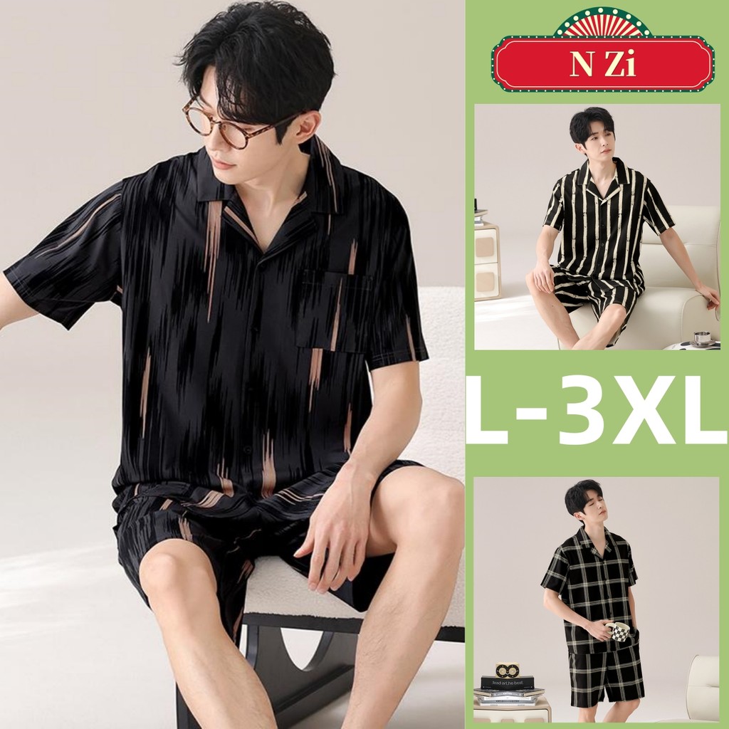 ชุดนอนผู้ชาย ผ้าฝ้าย Modal Plus ขนาด ฤดูร้อน แขนสั้น ลายสก๊อต สไตล์เรียบง่าย Loungewear