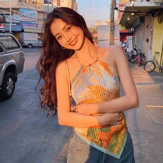 QY.Shop⭐️สินค้าราคาพิเศษ⭐️เสื้อคล้องไหมพรม ผูกมัดหลัง ใส่สบาย ดีเทลสายใส่ลูกปัด ลายสดใส "M1152"